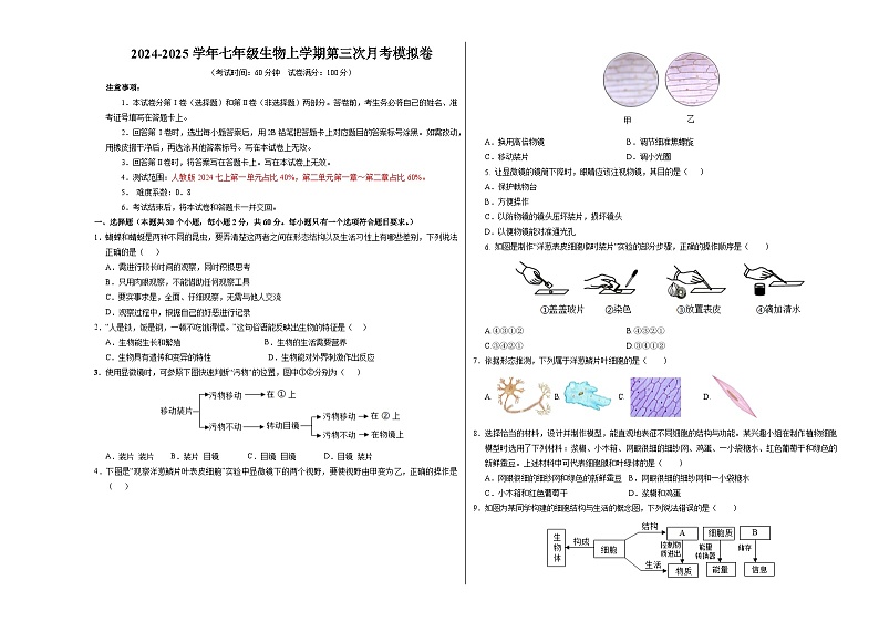 七年级生物第三次月考卷【测试范围：人教版2024七上第一单元占比40%，第二单元第一章～第二章占比60%】（考试版A3）（广州专用）第1页