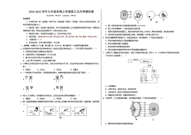 七年级生物第三次月考卷【测试范围：人教版2024七上第一单元占比40%，第二单元第一章～第二章第一节占比60%】（考试版A3）（成都专用）第1页