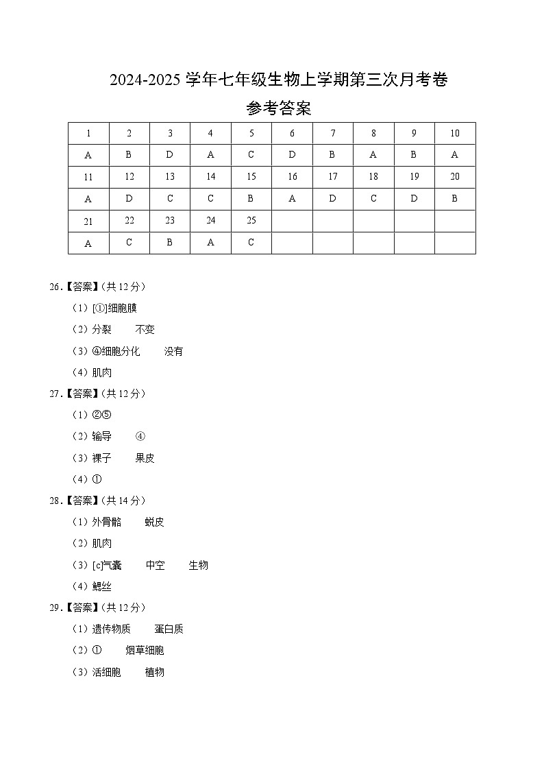 七年级生物第三次月考卷（参考答案）（济南版2024）第1页