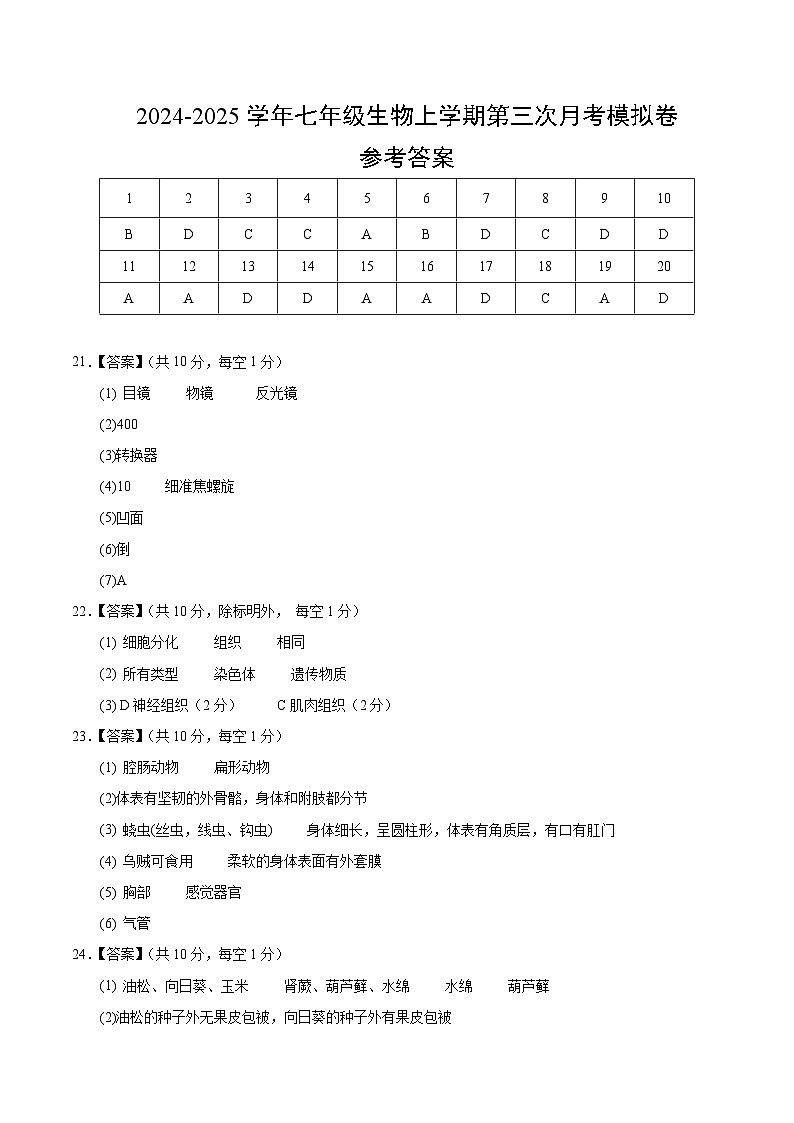 七年级生物第三次月考卷（参考答案）（贵州专用）第1页