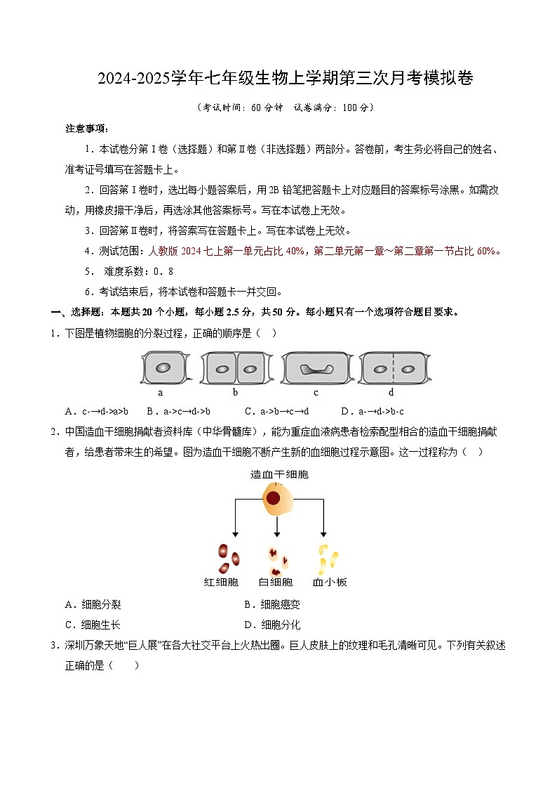 七年级生物第三次月考卷（考试版A4）【测试范围：人教版2024第一单元、第二单元第一章~第二章第一节】（贵州专用）第1页