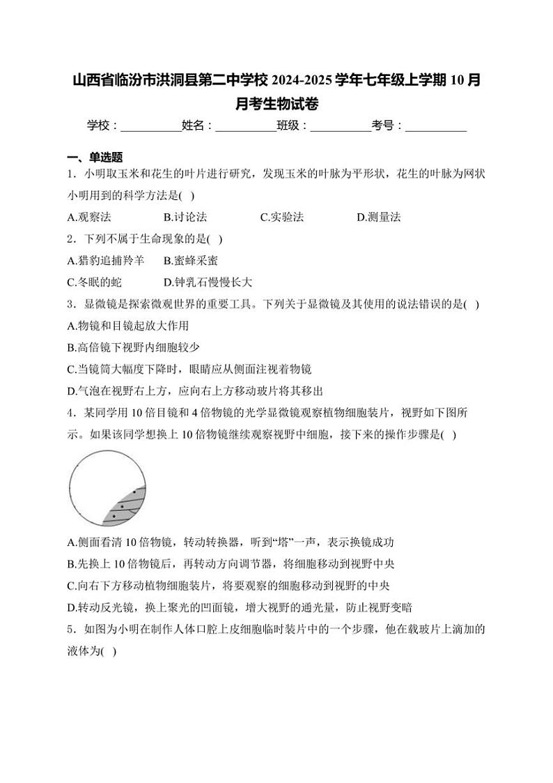 山西省临汾市洪洞县第二中学校2024～2025学年七年级(上)10月月考生物试卷(含答案)第1页