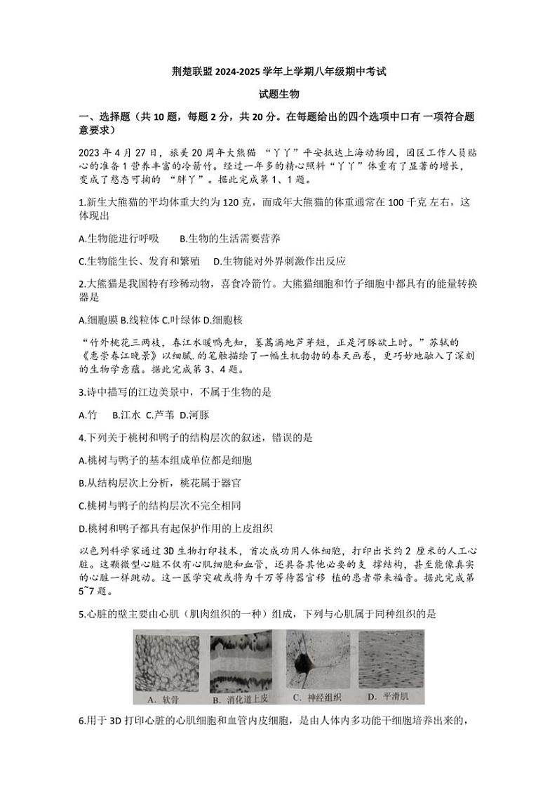 湖北省荆楚联盟2024～2025学年八年级(上)期中生物试卷(含答案)01