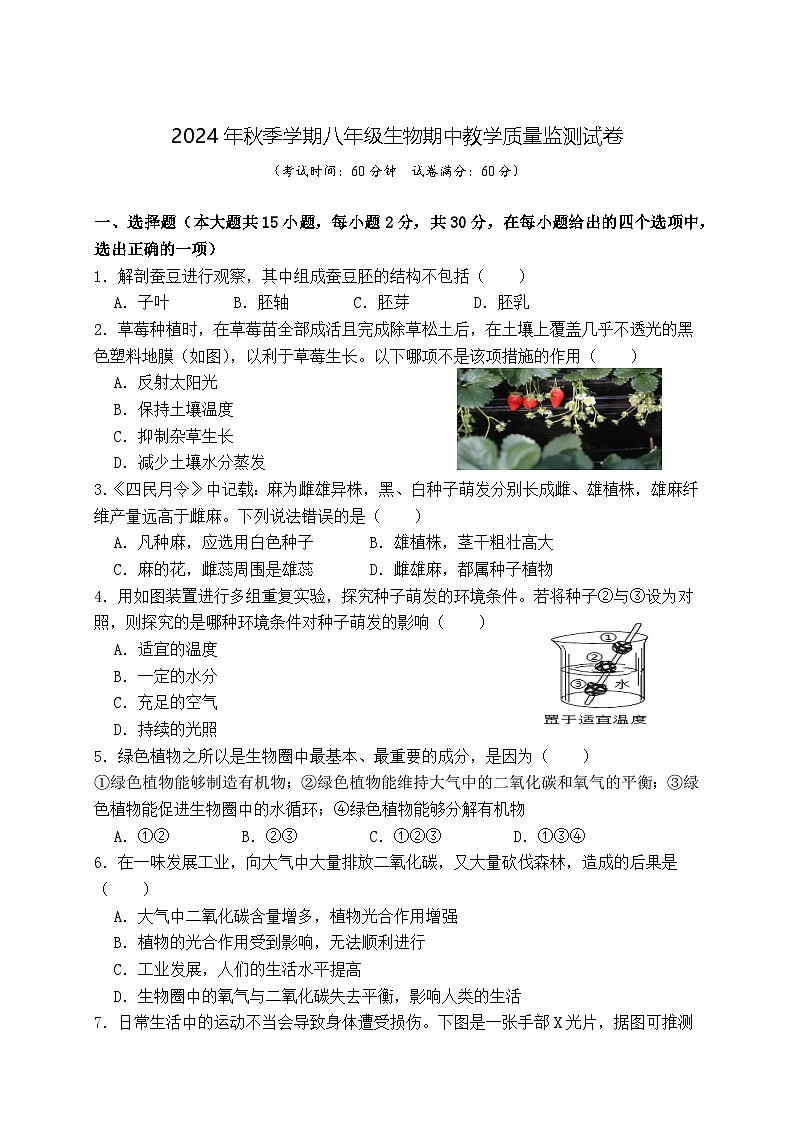广西防城港市上思县2024-2025学年八年级上学期期中教学质量监测生物试卷第1页