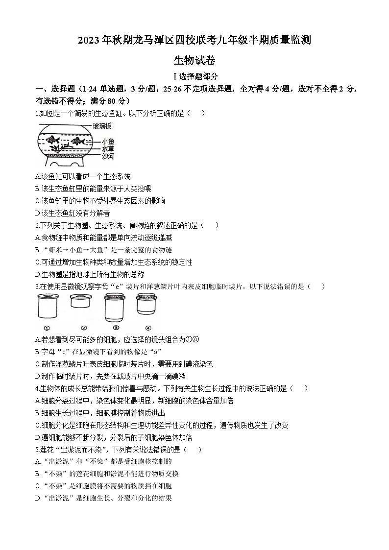 四川省泸州市龙马潭区四校联考2023-2024学年九年级上学期期中生物试题第1页