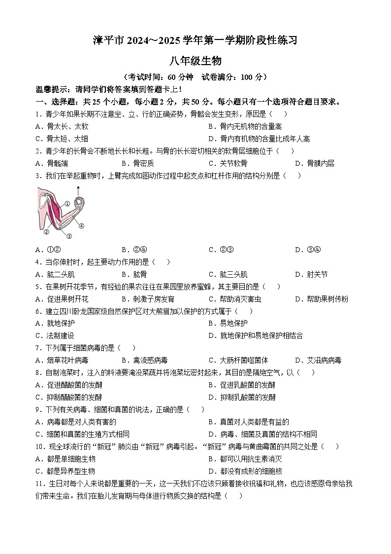 福建省龙岩市漳平市2024-2025学年八年级上学期期中生物学试题第1页