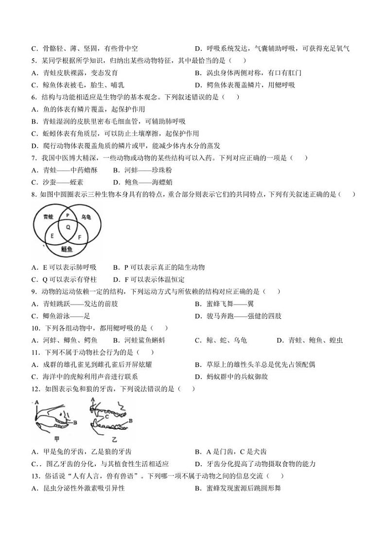 山东省东营市利津县2024～2025学年八年级(上)期中生物试卷(含答案)第2页