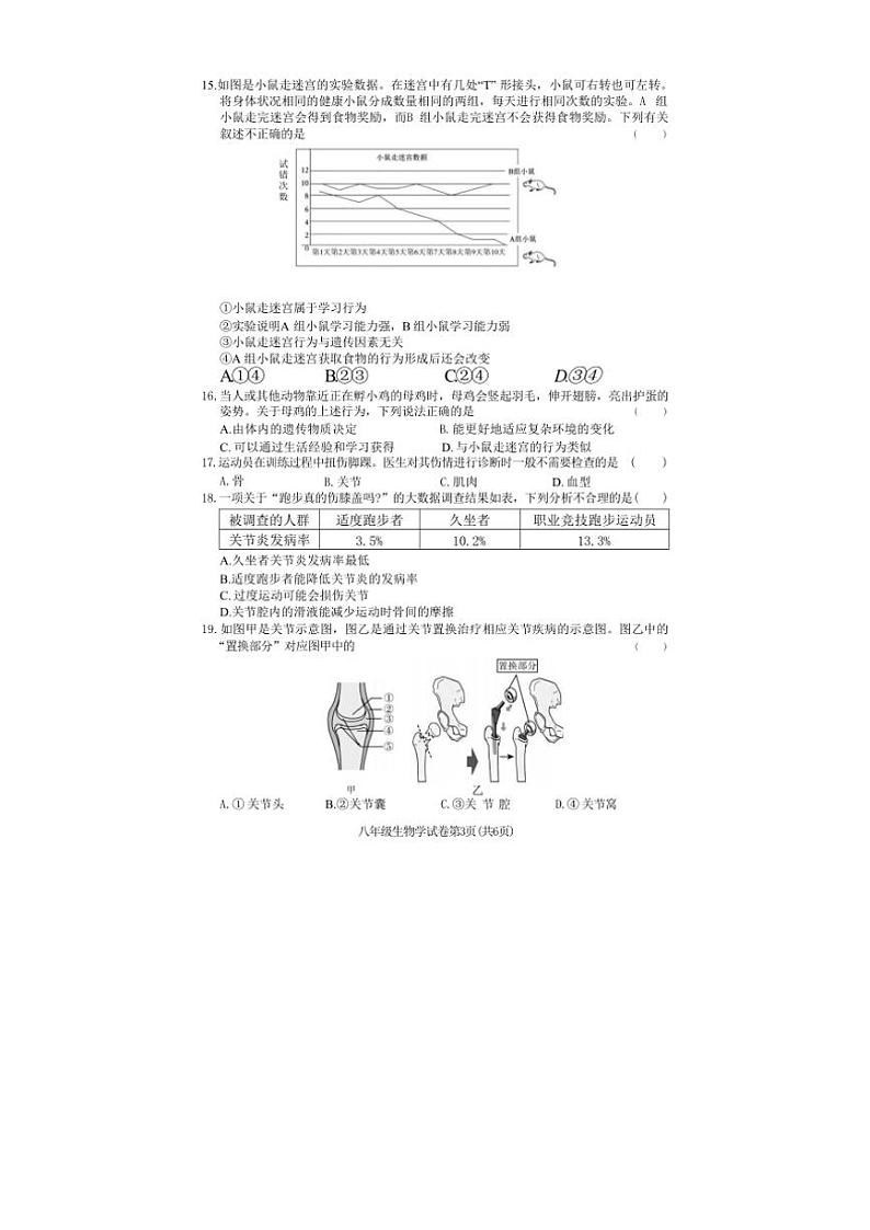 湖南省张家界市桑植县2024～2025学年八年级(上)期中生物试卷(含答案)第3页