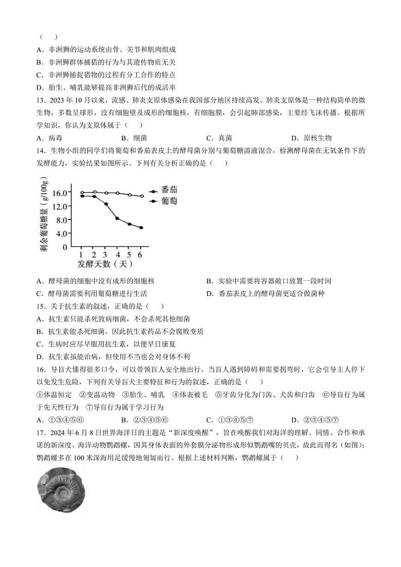 山东省聊城市临清市2024～2025学年八年级(上)期中生物试卷(含答案)第3页