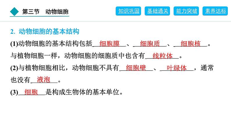 2024人教版生物七年级上册第一单元生物和细胞第二章认识细胞1.2.3　动物细胞 习题课件ppt第4页