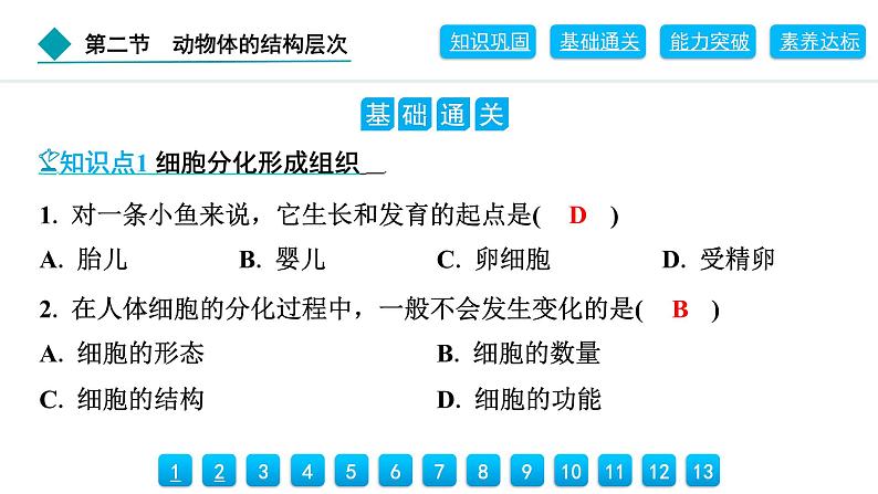 2024人教版生物七年级上册第一单元生物和细胞第三章从细胞到生物体1.3.2　动物体的结构层次 习题课件ppt第6页