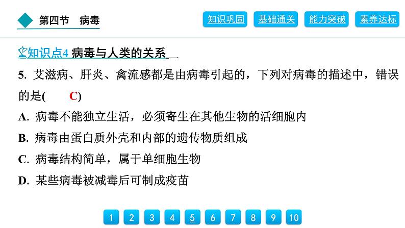 2024人教版生物七年级上册第二单元多种多样的生物第三章微生物2.3.4　病毒 习题课件ppt第8页