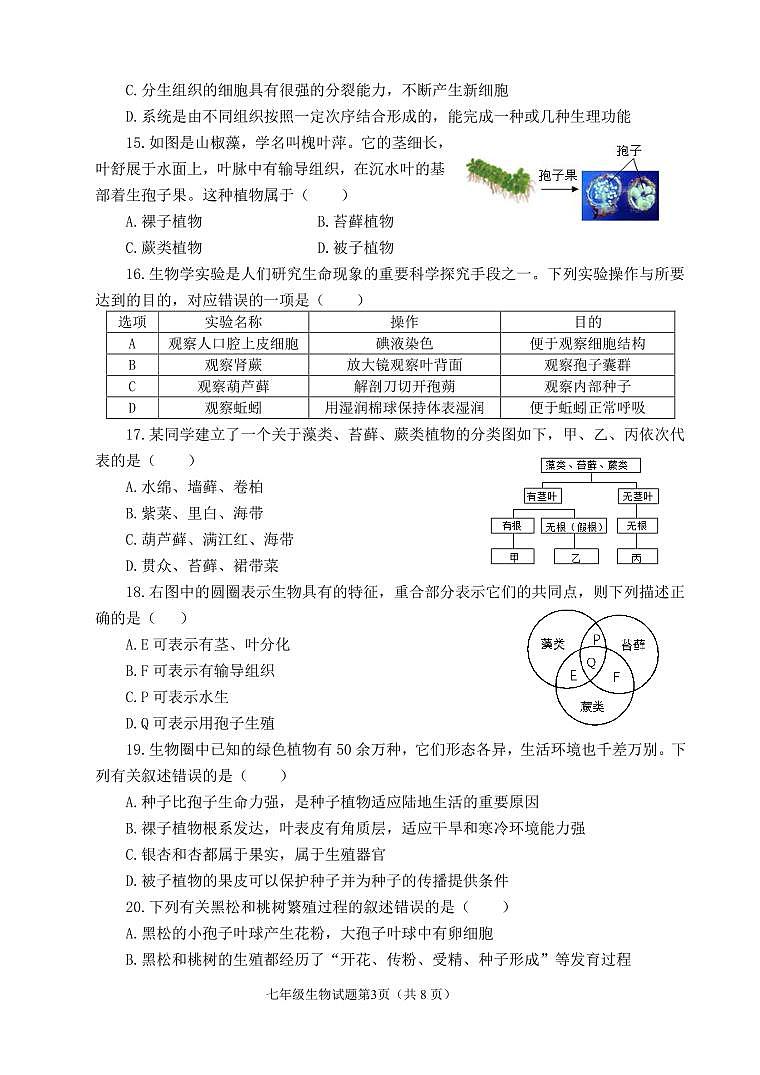 七年级生物期中考试试题第3页