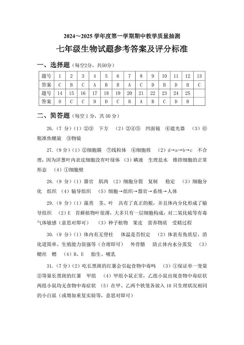 七年级试题答案第1页