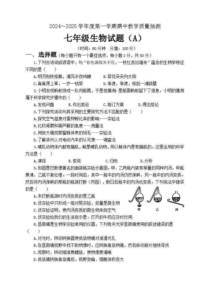 山东省滨州市滨城区2024-2025学年七年级上学期期中考试生物试题第1页