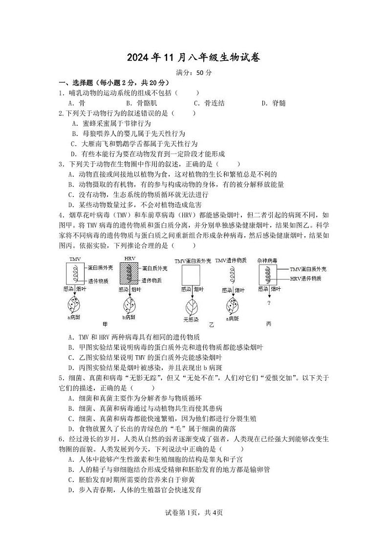 2024年11月八年级生物月考(1)第1页