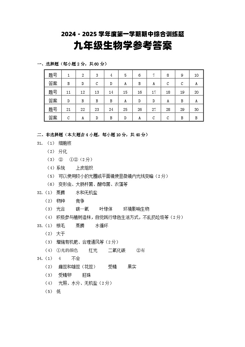 九年生物期中试题答案(1)第1页