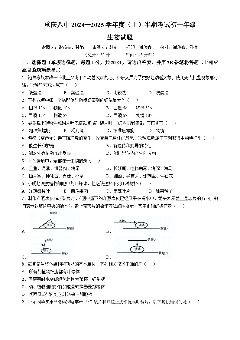 重庆市第八中学2024—2025学年七年级上学期期中生物试题(无答案)第1页