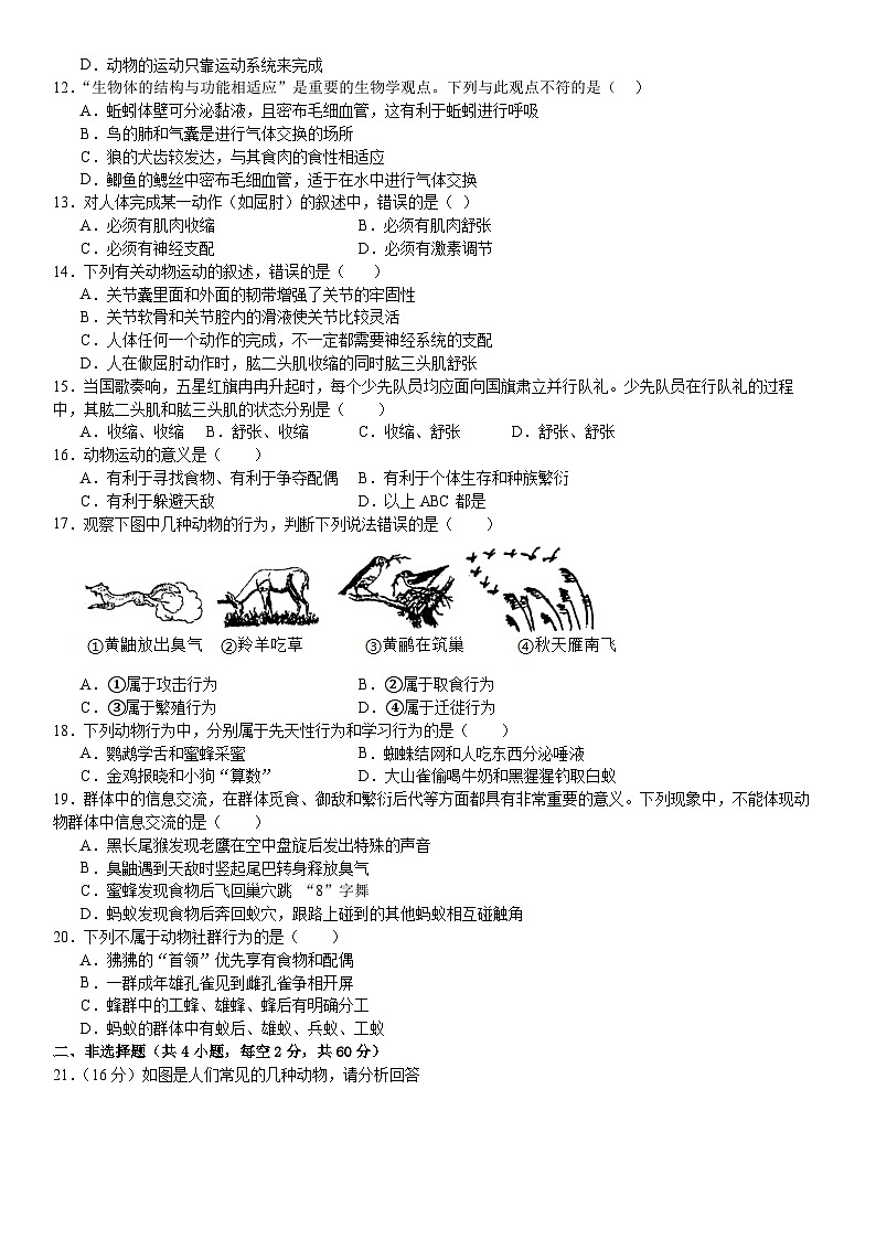 百坡校联体2024-2025学年八年级上学期半期小练习生物试题第2页