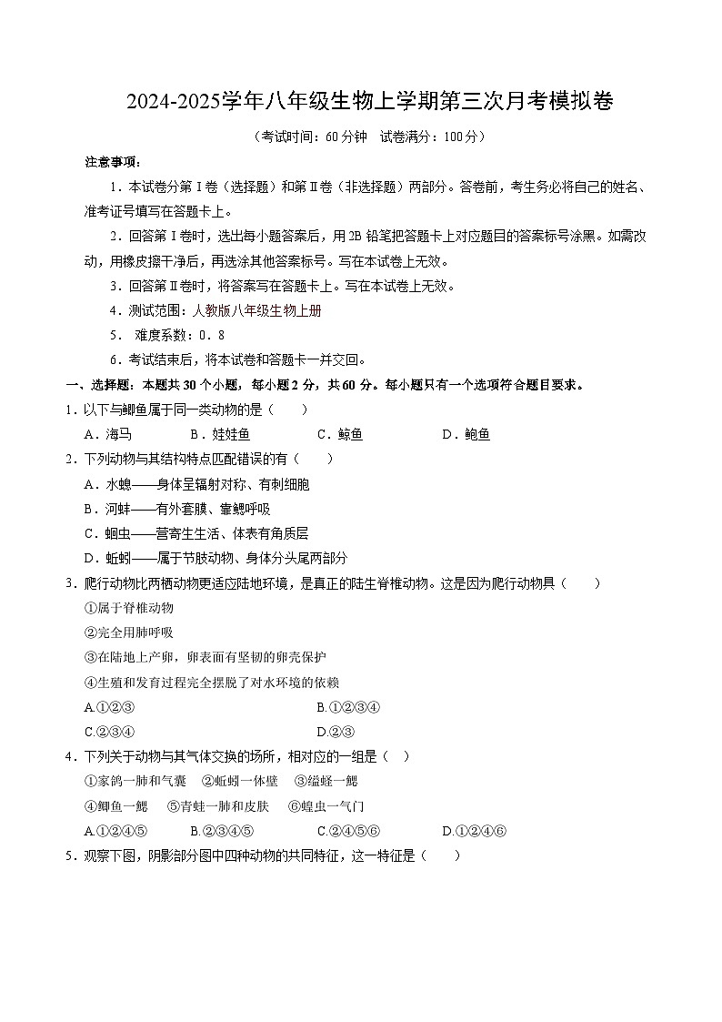 八年级生物第三次月考卷【测试范围：人教版八上全部】（考试版A4）（广东专用）第1页