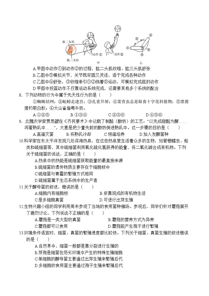 八年级生物第三次月考卷【测试范围：人教版八上１～３章占比40%，４～５章占比60%】（考试版A4）（武汉专用）第2页