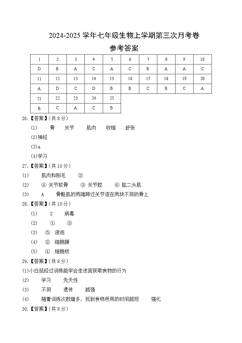 八年级生物第三次月考卷（参考答案）第1页