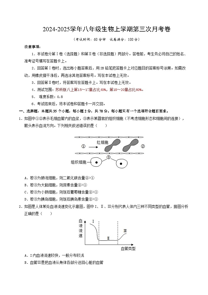八年级生物第三次月考卷【测试范围：苏科版第15~20章】（考试版A4）第1页
