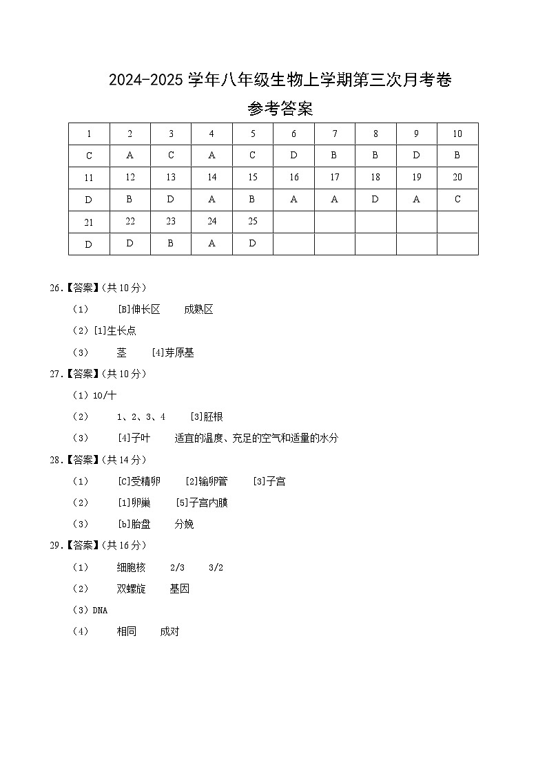八年级生物第三次月考（参考答案）（山东专用）第1页