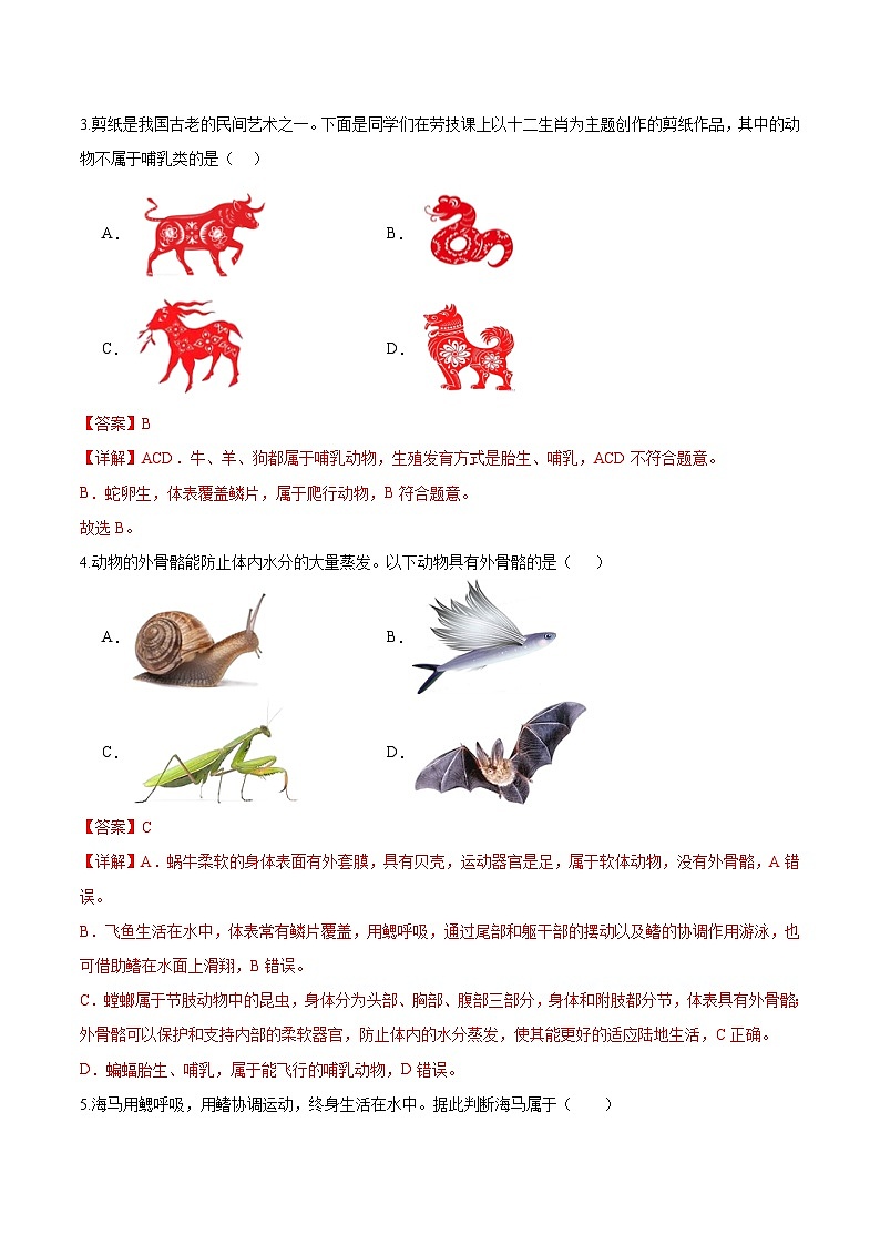 2.2.2 脊椎动物（三）鸟和哺乳动物（第2课时）（分层培优练）（解析版）第2页