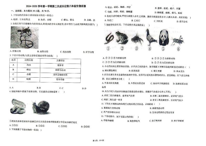 天津市和平区汉阳道中学2024-2025学年八年级上学期期中生物试题第1页