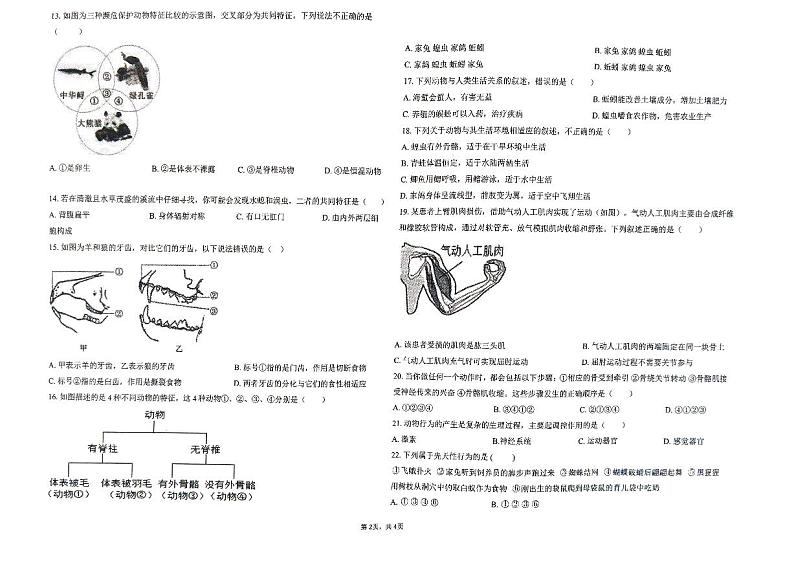 天津市和平区汉阳道中学2024-2025学年八年级上学期期中生物试题第2页