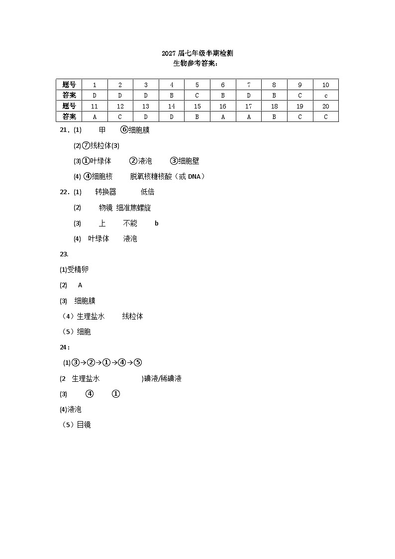 仁寿县2027届七年级半期检测生物参考答案(2)第1页