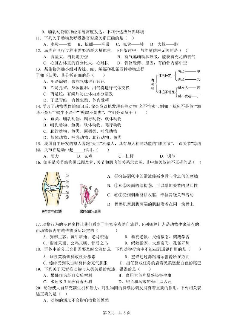 眉山天府新区2024-2025学年八年级半期检测生物八上半期试卷第2页