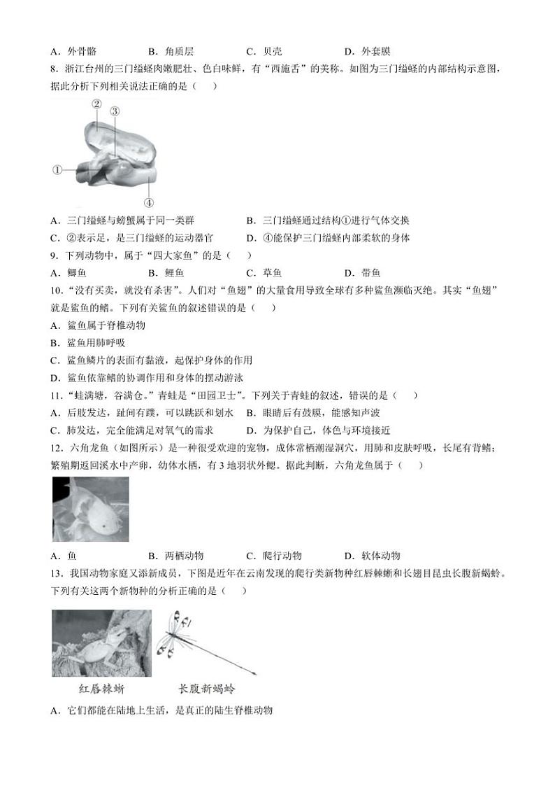 贵州省六盘水市2024～2025学年八年级(上)期中生物试卷(含答案)第2页
