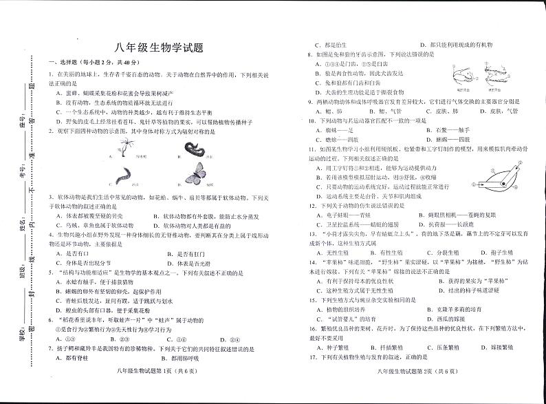 山东省淄博市周村区（五四制）2024-2025学年八年级上学期期中考试生物试题（含答案）第1页
