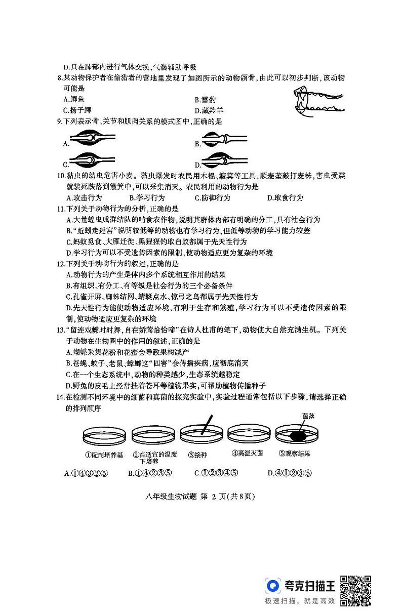 山东省临沂市费县2024-2025学年八年级上学期期中生物试题第2页