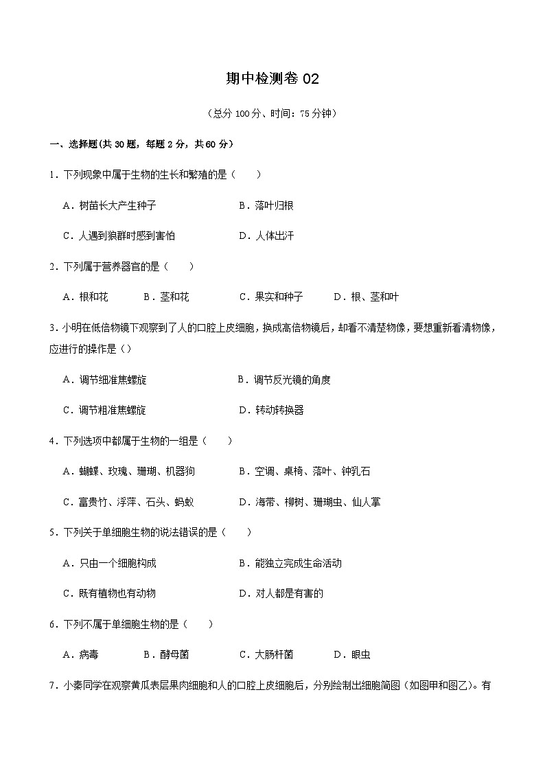 2024-2025学年七年级生物上学期期中测试卷二（含答案）第1页