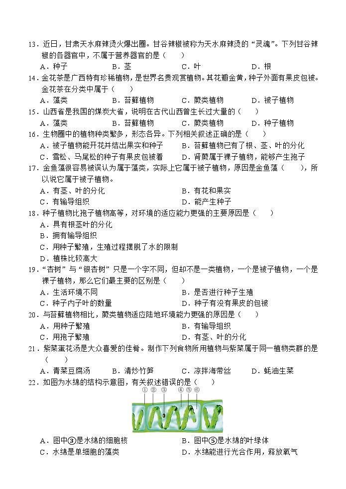 （教研室提供）山东省济宁市金乡县2024-2025学年七年级上学期期中考试生物试题第3页
