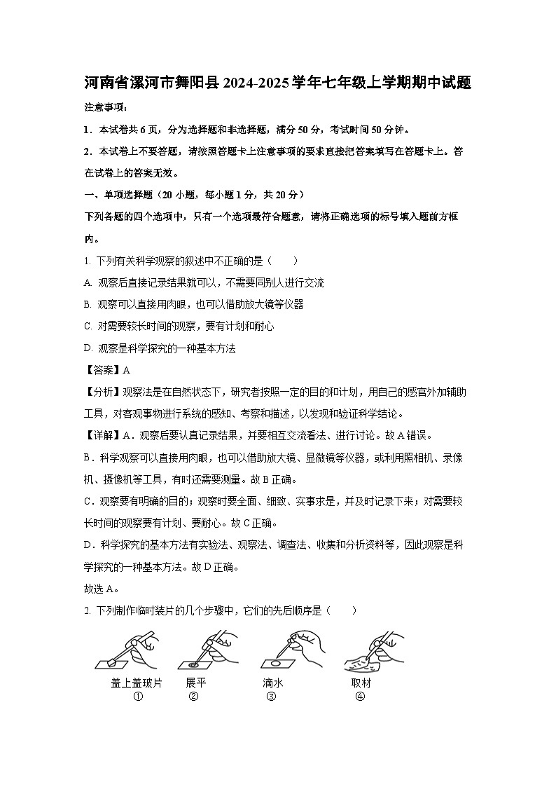 2024~2025学年河南省漯河市舞阳县七年级(上)期中生物试卷(解析版)第1页