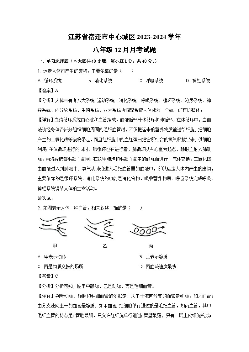 2023~2024学年江苏省宿迁市中心城区八年级(上)12月月考生物试卷(解析版)第1页