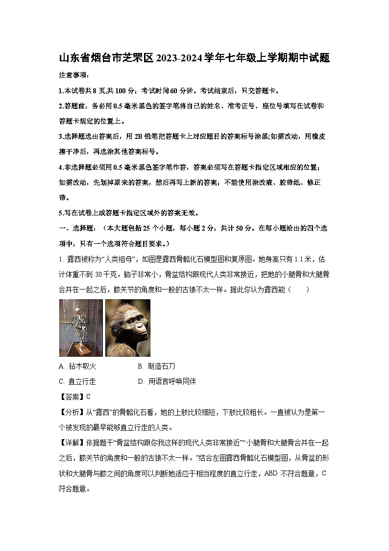 2023~2024学年山东省烟台市芝罘区七年级(上)期中生物试卷(解析版)第1页