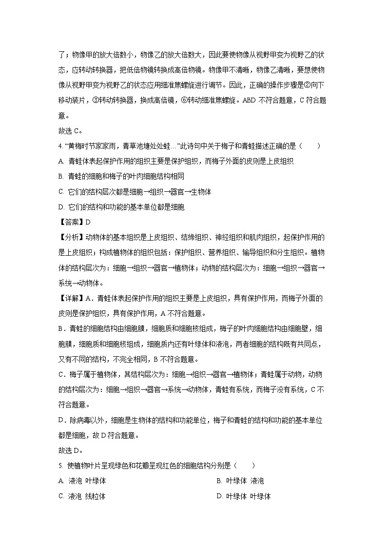 2023~2024学年山东省枣庄市市中区七年级(上)12月月考生物试卷(解析版)第3页