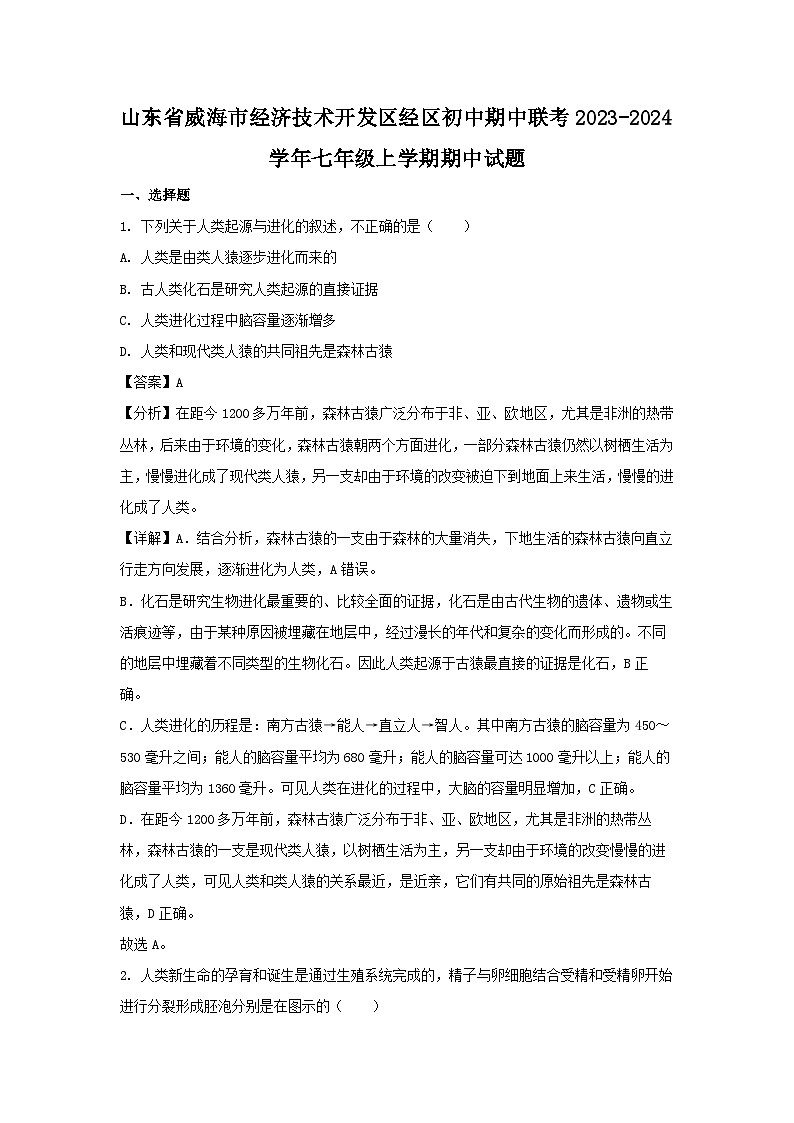 2023~2024学年山东省威海市经济技术开发区经区初中期中联考七年级(上)期中生物试卷(解析版)第1页