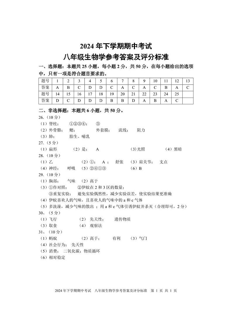 期中考试 八年级生物 答案第1页