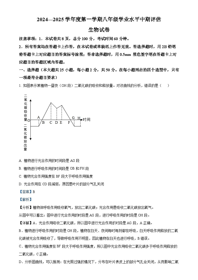 河北省唐山市古冶区2024——2025学年八年级上学期期中生物试题（解析版）-A4第1页