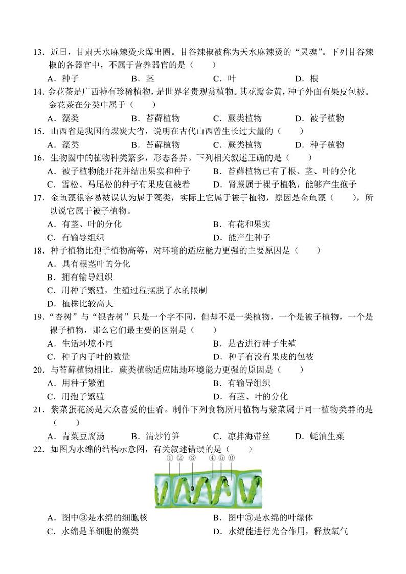 山东省济宁市金乡县2024～2025学年七年级(上)期中生物试卷(含答案)第3页