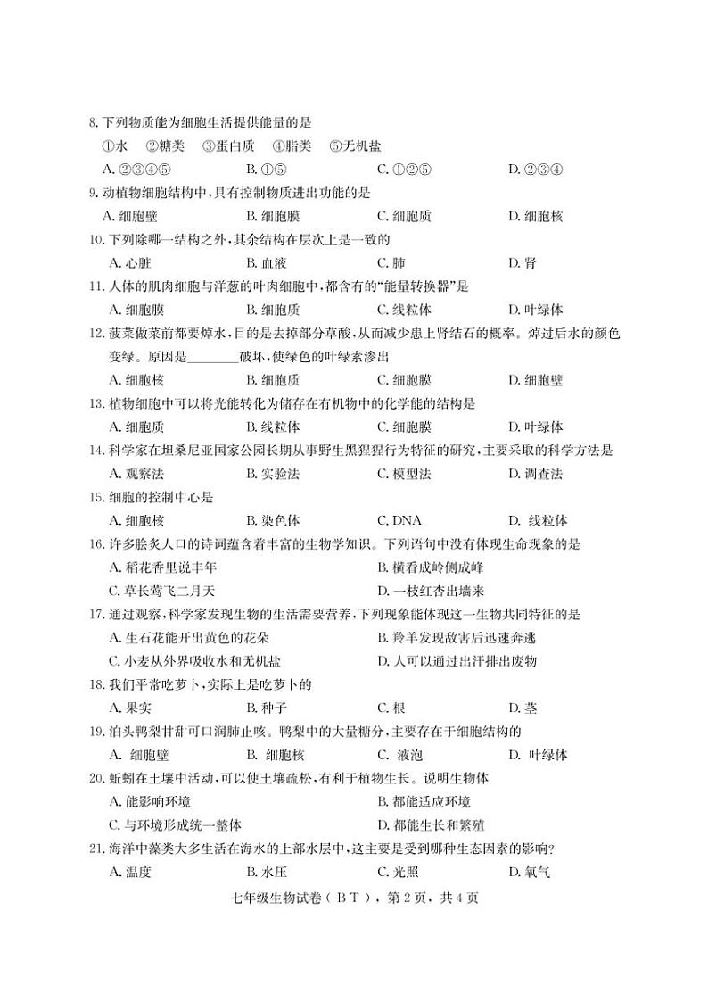 河北省沧州市泊头市2024～2025学年七年级(上)期中教学质量检测生物试卷(含答案)第2页