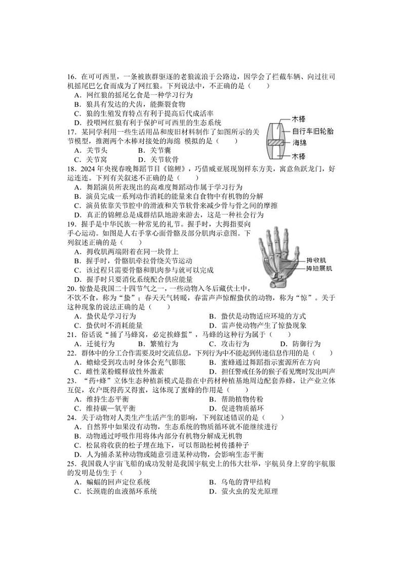 湖南省邵阳市武冈市2024～2025学年八年级(上)期中生物试卷(含答案)第3页