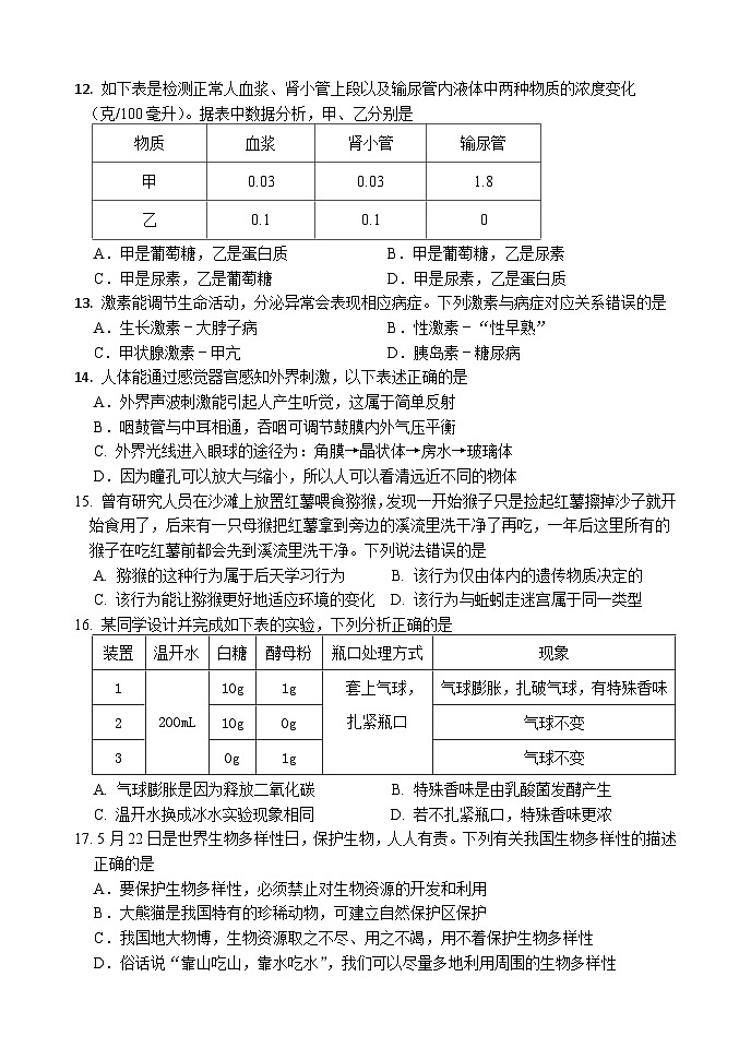 仁寿县龙正学区八年级期中测试生物试题第3页