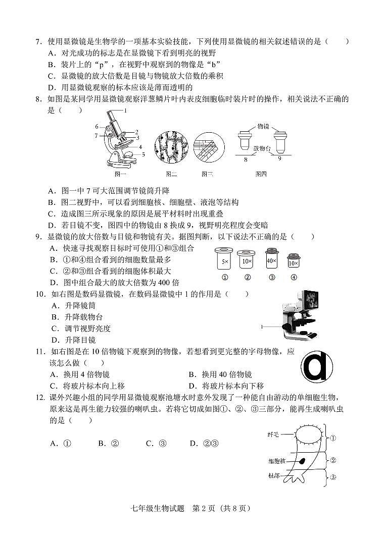 山东省济南市东南片区2024-2025学年七年级上学期期中考试生物试题第2页